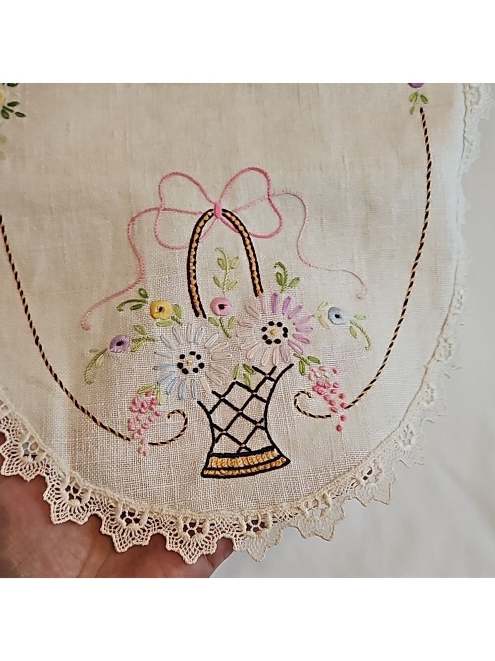 Vintage Hand Stitched Needlepoint Doily Oval Floral - Picture 12 of 17